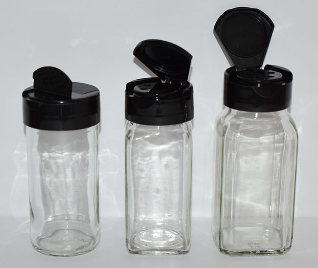 Set of 8 - 6.4 oz Glass Spice Jars with Shaker Fitment and Black Caps